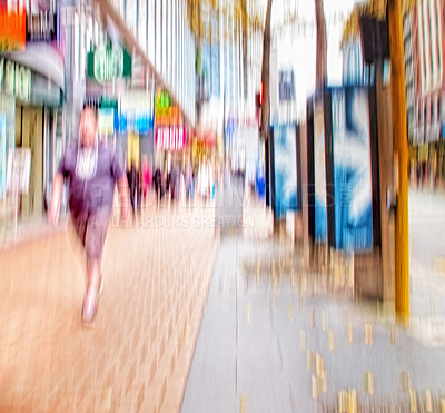 Buy stock photo City, sidewalk and buildings at night for travel with speed movement, urban vacation and pathway. Blurry, infrastructure commute and people walking, journey explore and tourism outdoor in New York