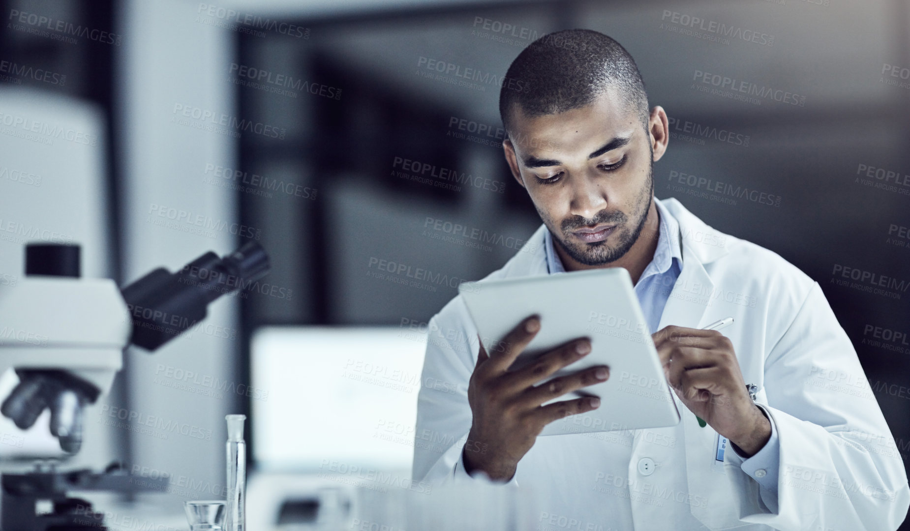 Buy stock photo Healthcare science professional with tablet searching, browsing and reading test result for marburg virus, ebola or monkeypox cure. Serious biologist, scientist or pathologist in lab medical research