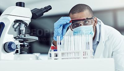 Buy stock photo Man, scientist and lab with blood, thinking and test tube for review with pharmaceutical trial for mpox vaccine. Person, vial or glass container for study, solution or face mask in healthcare crisis