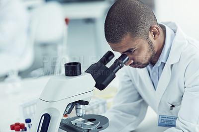 Buy stock photo Man, microscope and science at lab for research, test and blood sample for mpox vaccine development. Person, equipment and assessment for pharma innovation, medicine or drugs for healthcare crisis