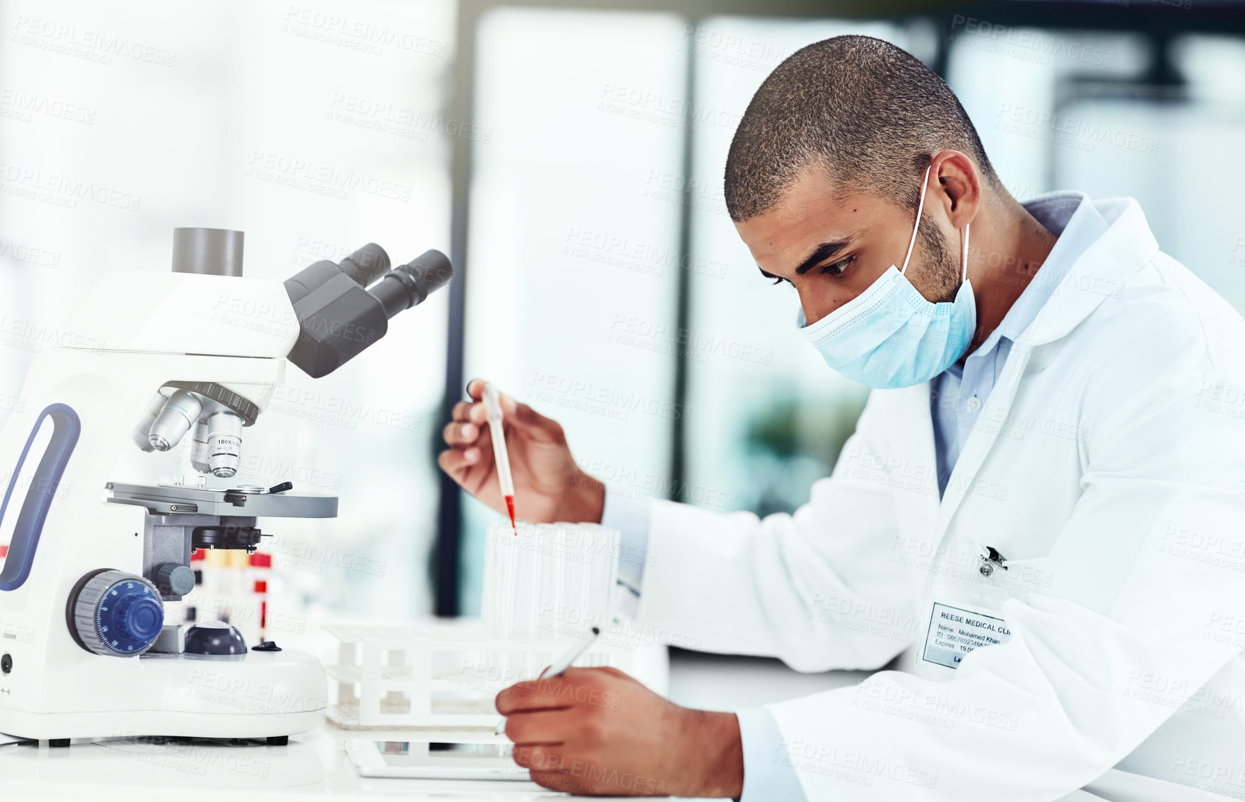 Buy stock photo Man, science and blood sample at laboratory with tablet, face mask and notes for mpox vaccine trial. Person, liquid and container with thinking, writing and app with feedback, medicine and solution