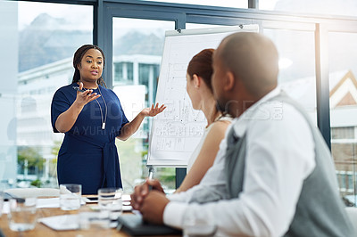 Buy stock photo Woman, architect and presentation meeting with floor plan or whiteboard for teamwork, boardroom or blueprint. Female person, colleagues and proposal discussion as interior design, idea or development