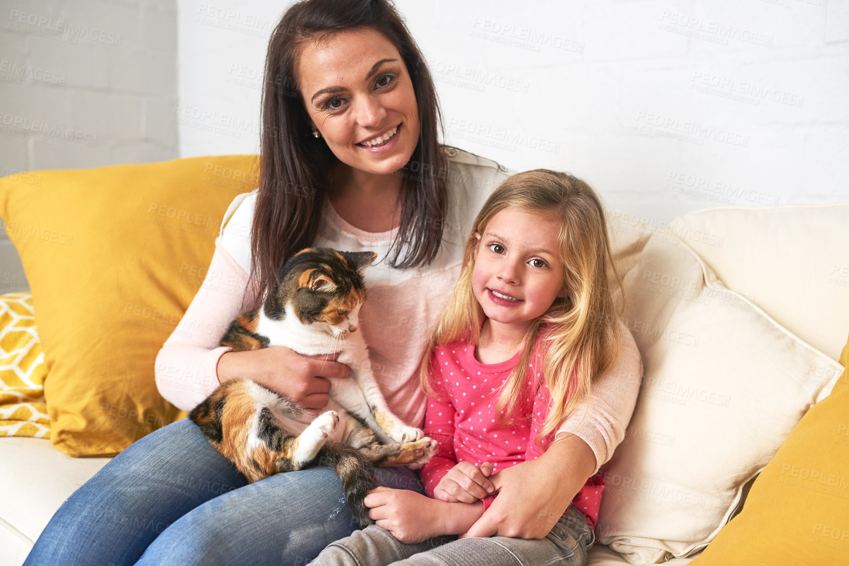 Buy stock photo Cropped shot of a mother and daughter spending time with their cat