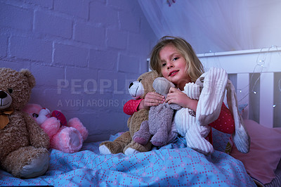 Buy stock photo Girl, portrait and hug teddy bear on bed in house for sleeping, safety and calm or peaceful night. Female child, happy and stuffed animals in bedroom with toys for comfort, bedtime and dream in home