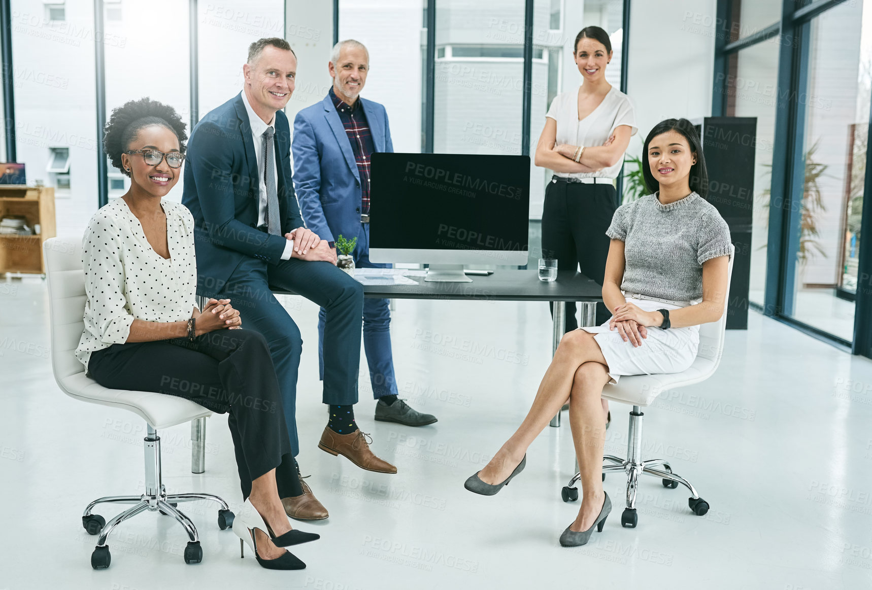 Buy stock photo Portrait, support and happy in meeting in office for management, multicultural and problem solving with community. Collaboration, face and team by group in diversity, trust and equality for company
