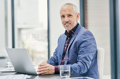 Buy stock photo Mature, investor and portrait of professional businessman in England as broker for asset management with laptop. Happy, entrepreneur and investment in city, office for development of property or deal
