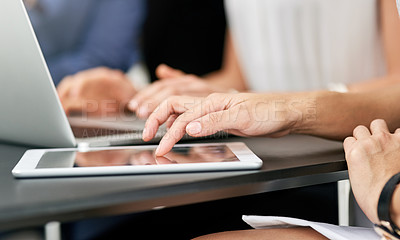 Buy stock photo Office, hands and tablet for scroll on table for information, browsing and typing email. Workplace, business people and technology for connection, networking and screen of company website online