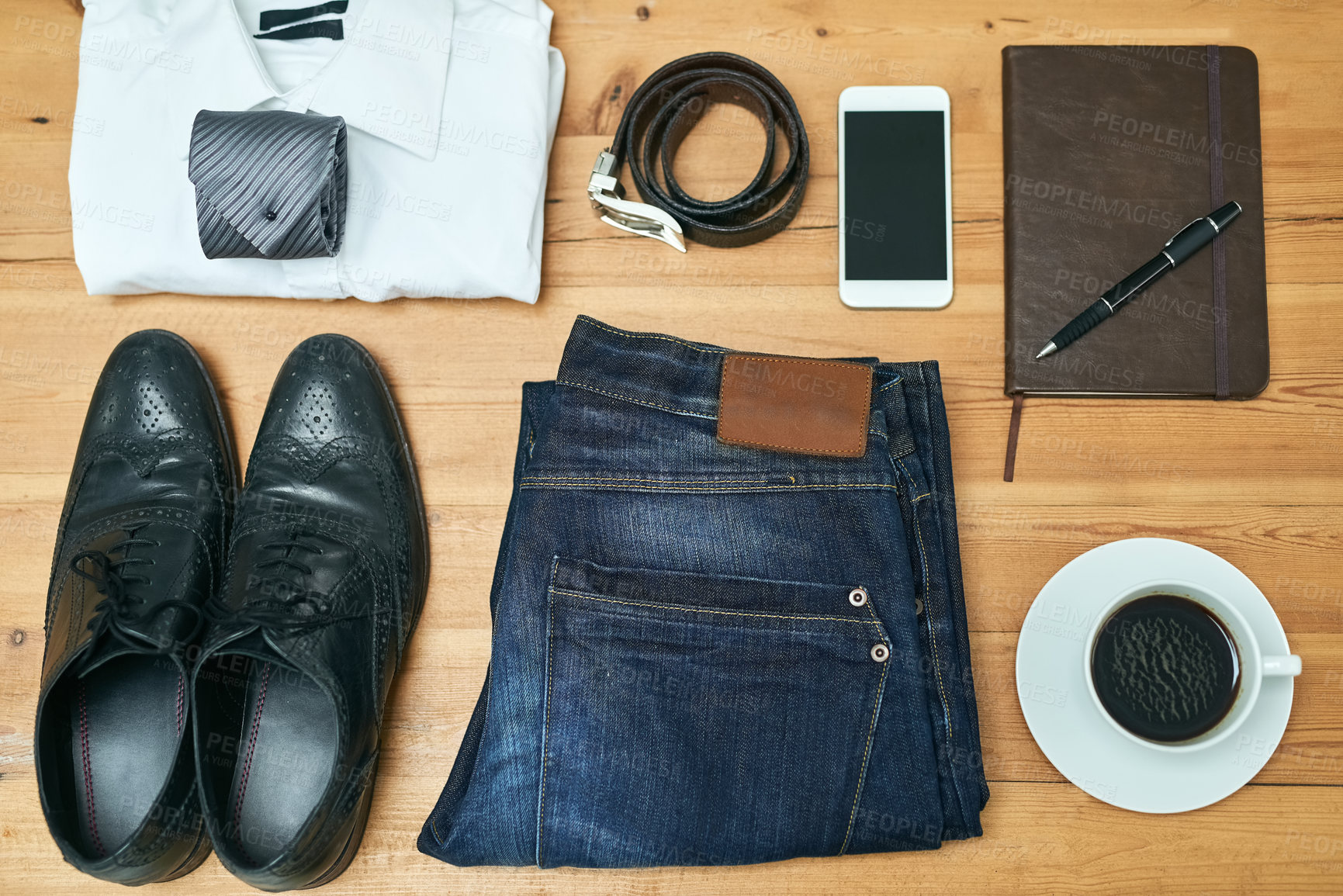 Buy stock photo Business fashion, desk and coffee with high angle for dress code, essentials and preparing for day in office. Work wardrobe, smartphone and notebook on flat lay for journalist, creative or perfection