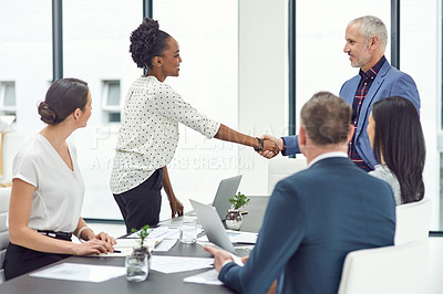 Buy stock photo Business, people and handshake with hands in office, partnership and group collaboration or b2b contrac. Teamwork, greeting or congratulations or welcome, thank you gesture for onboarding or merger