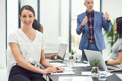Buy stock photo Portrait of a businesswoman sitting in a boardroom meeting