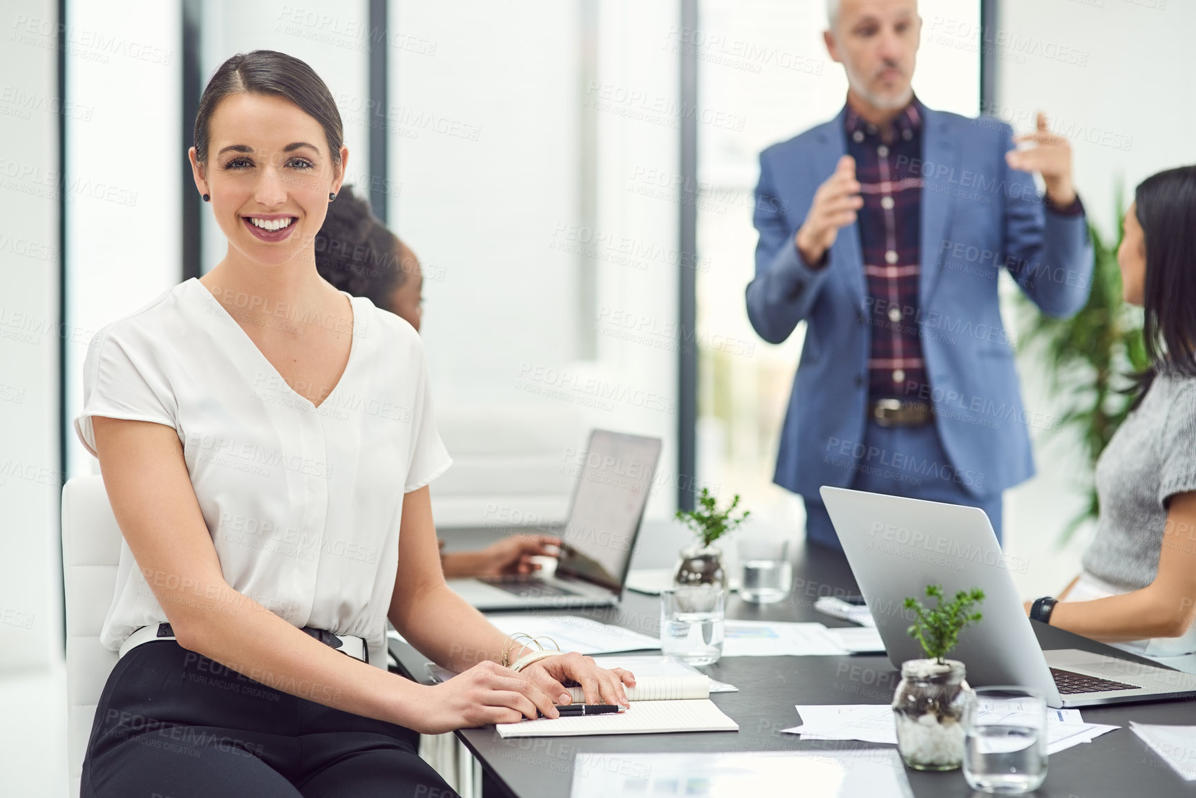 Buy stock photo Portrait, businesswoman and smile in workplace for meeting, teamwork and planning schedule at desk. Female person, internship and admin in office with diversity for collaboration and partnership
