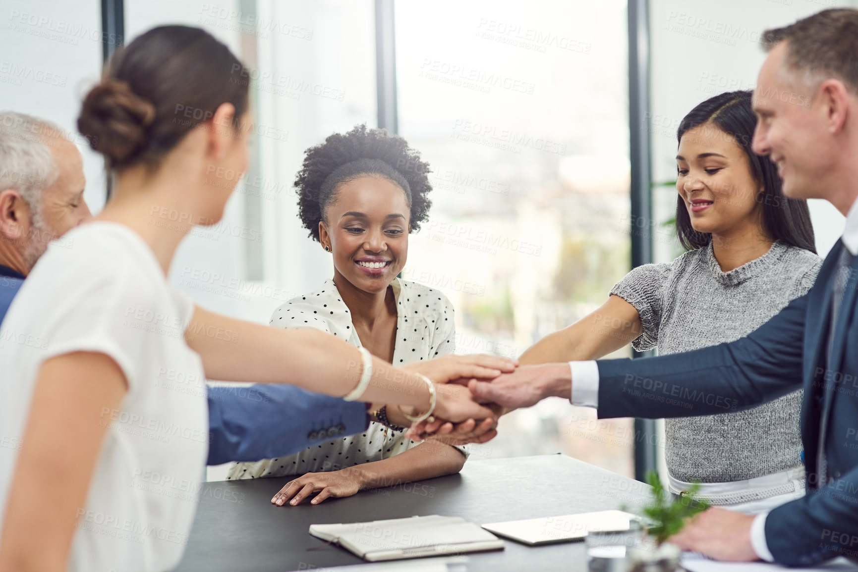 Buy stock photo Diversity, business people and hand stack for teamwork, success and support for startup company. Group huddle, community and collaboration in creative agency for project, achievement and career goal