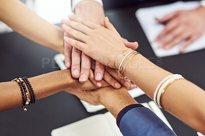 Buy stock photo Teamwork, support and hands together of business people for trust, community and motivation in office. Employees, diversity and collaboration with target, partnership and agreement in solidarity