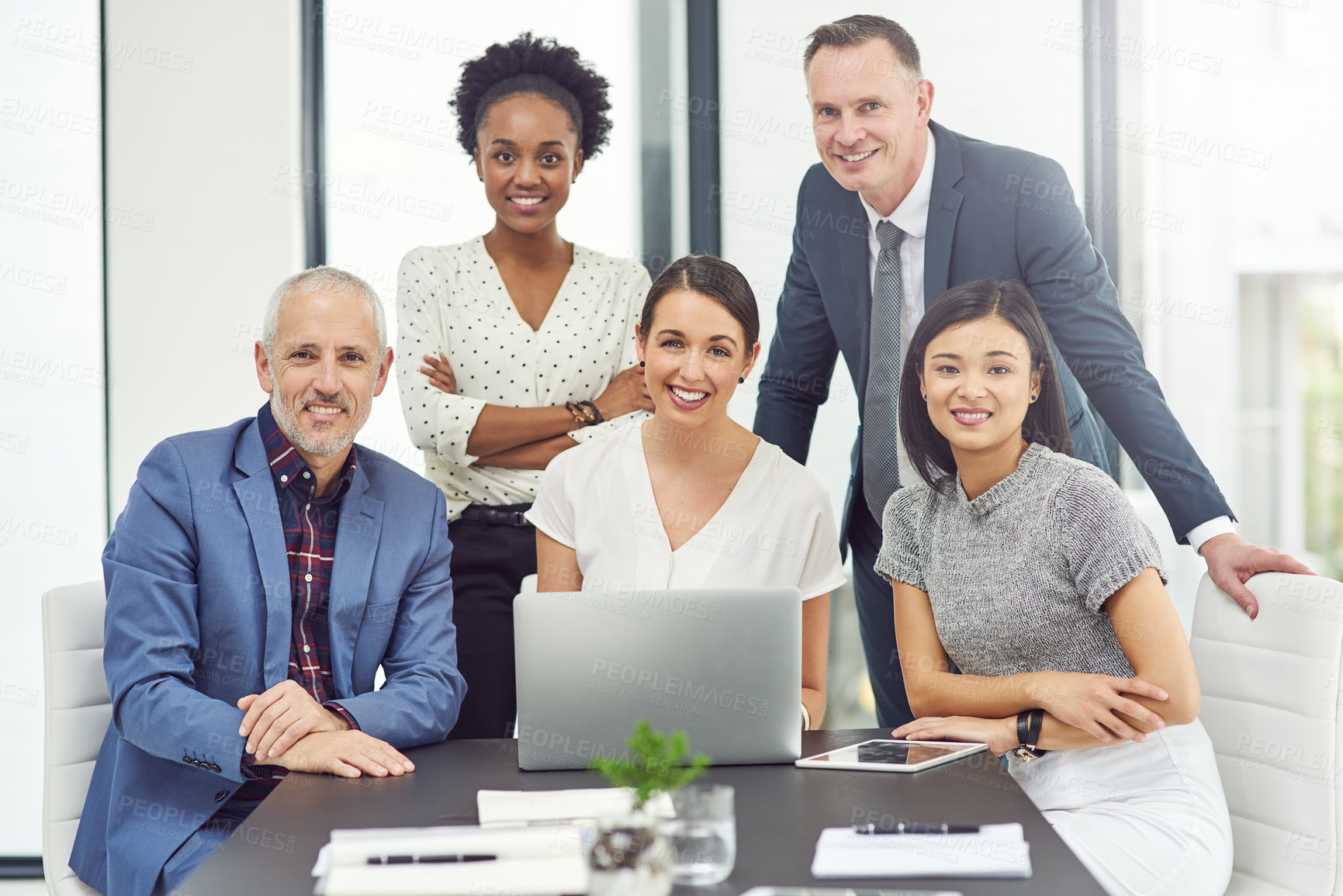 Buy stock photo HR, portrait smile and team collaboration in meeting strategy or planning at office. Management, group and happy employees working with support, teamwork and corporate plan or goal at workplace
