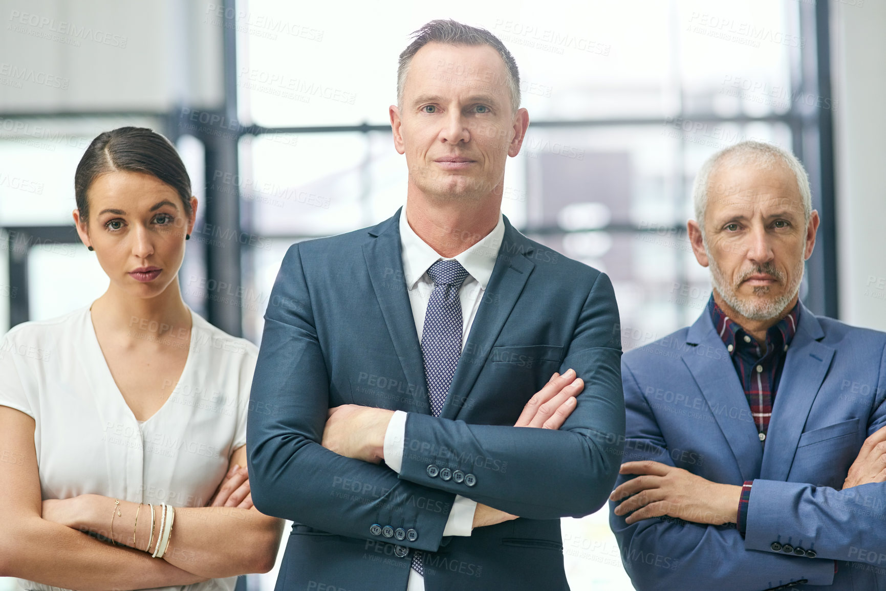 Buy stock photo Business people, serious or portrait with arms crossed in office for confidence, partnership and leadership. Workplace, colleagues or employees together for teamwork, collaboration and solidarity