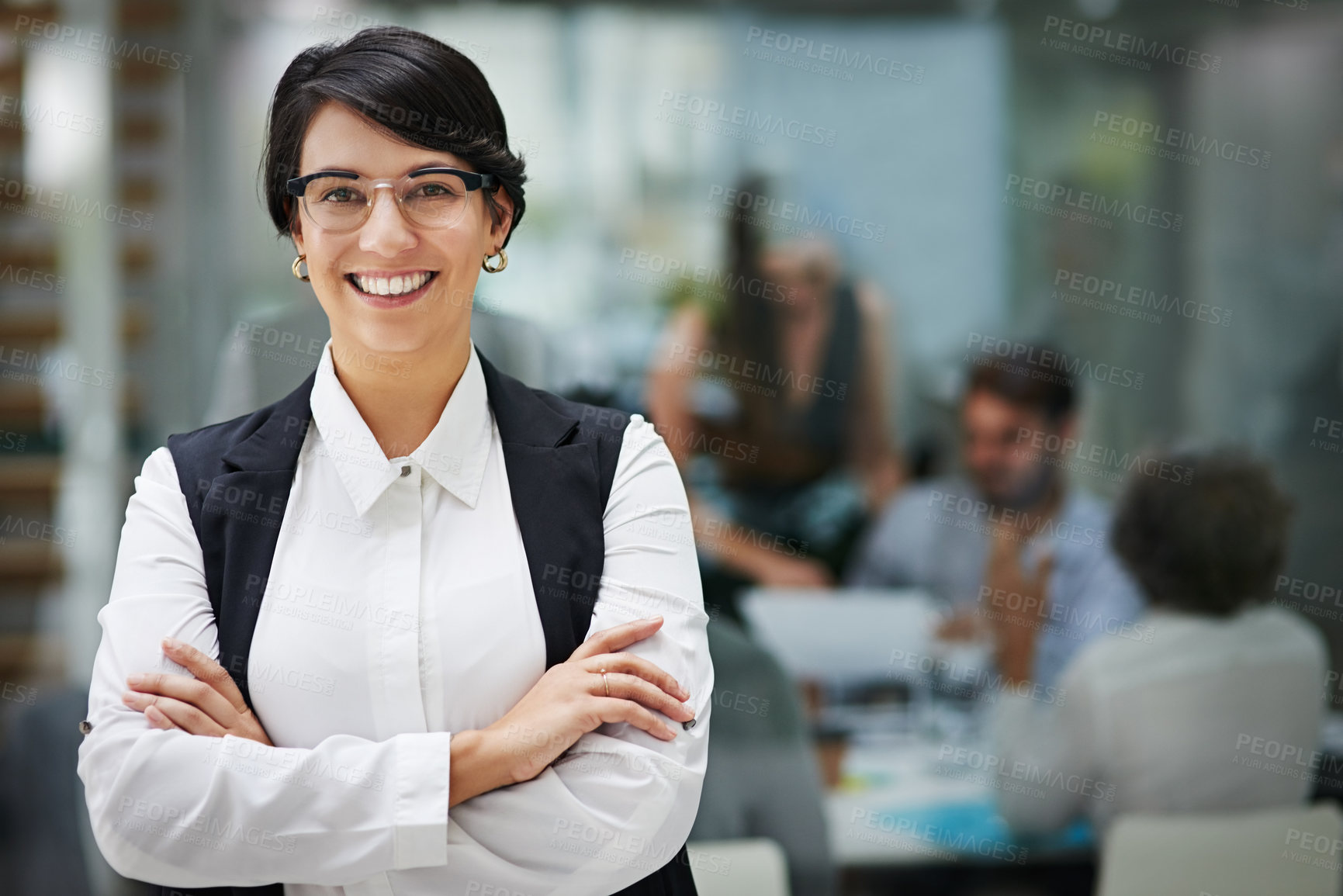 Buy stock photo Office, businesswoman and pride with smile in portrait with arms crossed at cpa firm for trust. Worker, accountant and confidence with career empowerment, job motivation and employee with happiness