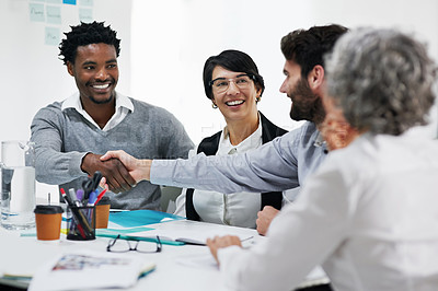 Buy stock photo Business people, handshake and meeting with diversity for introduction, hiring or agreement at office. Group of employees shaking hands for b2b, partnership or deal in creative startup at workplace