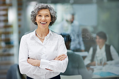 Buy stock photo Businesswoman, mature and office with smile in portrait with arms crossed in law firm for trust. Lawyer, boss and manager with confidence for career empowerment, job and employee with happiness