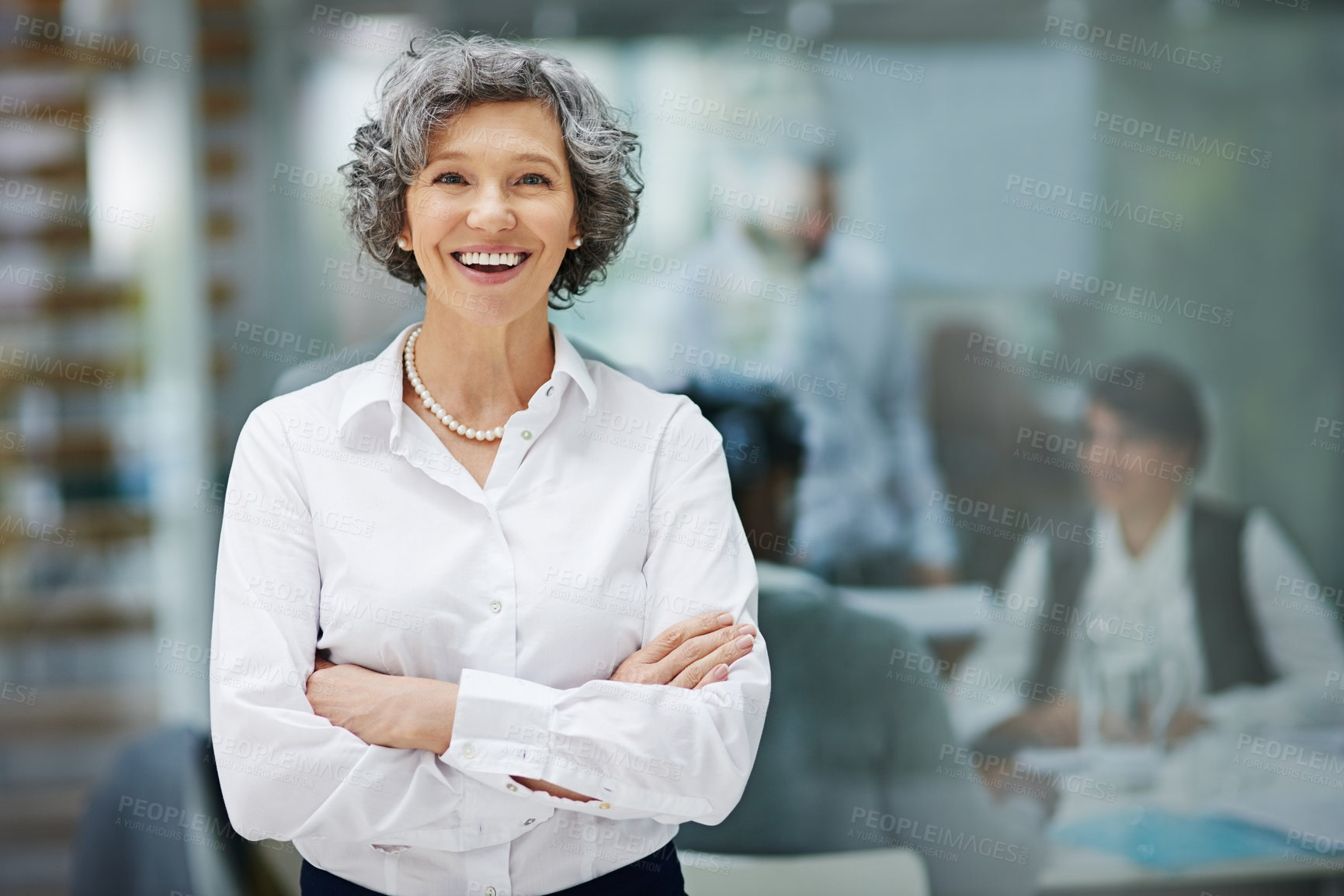 Buy stock photo Businesswoman, mature and office with smile in portrait with arms crossed in law firm for trust. Lawyer, boss and manager with confidence for career empowerment, job and employee with happiness