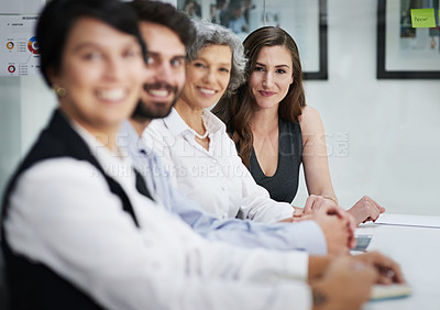 Buy stock photo Portrait, business and woman for meeting in office with staff for teamwork or collaboration on planning for company growth. Smile, formal and staff for partnership in boardroom with support for work