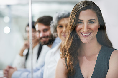 Buy stock photo Woman, business and portrait for meeting in office with employee for teamwork or collaboration on planning for company growth. Smile, formal and staff for partnership in boardroom with support
