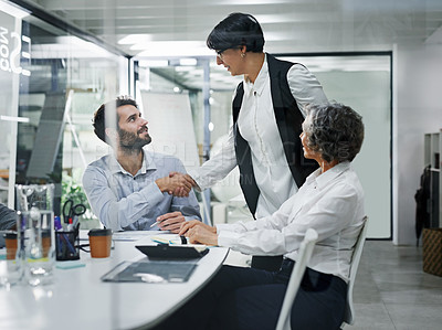 Buy stock photo Business people, handshake and meeting with introduction for greeting, hiring or agreement at office. Group of employees shaking hands for b2b, partnership or deal for creative startup at workplace