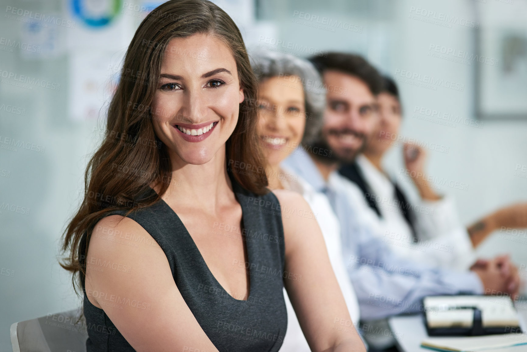 Buy stock photo Woman, portrait and smile in corporate office, teamwork and corporate people in company in boardroom. Partnership, employee and confident, staff and law firm for professional attorney meeting