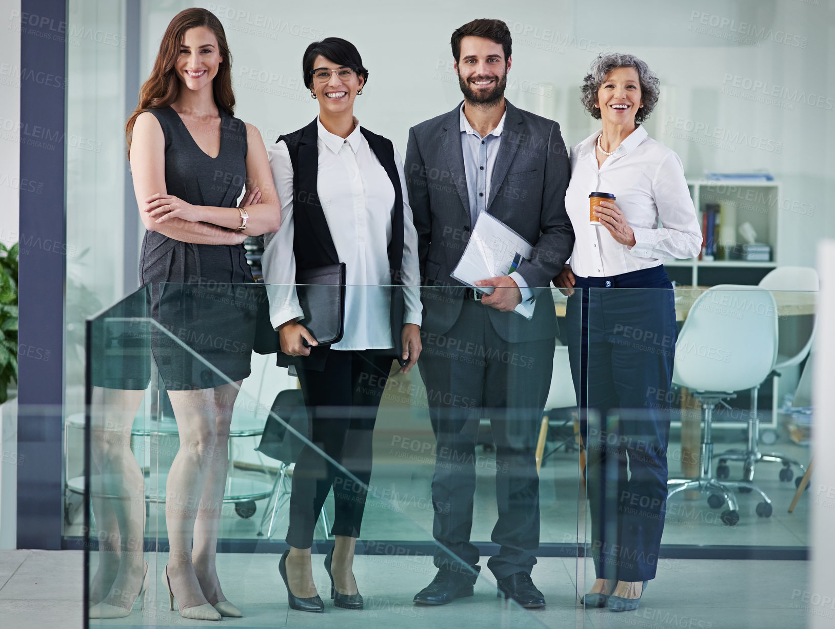 Buy stock photo Coworkers, portrait and happy in office together, teamwork and corporate people in company. Partner, partnership and employee smile and confident, staff and law firm for professional attorney