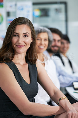 Buy stock photo Portrait, business and woman for meeting in office with staff for teamwork or collaboration on planning for company growth. Smile, confident and people ideas in boardroom with support for work