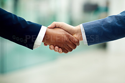 Buy stock photo Closeup, corporate and business people shaking hands in office for partnership, introduction and hiring negotiation. Employees, handshake and support of success, networking and promotion opportunity