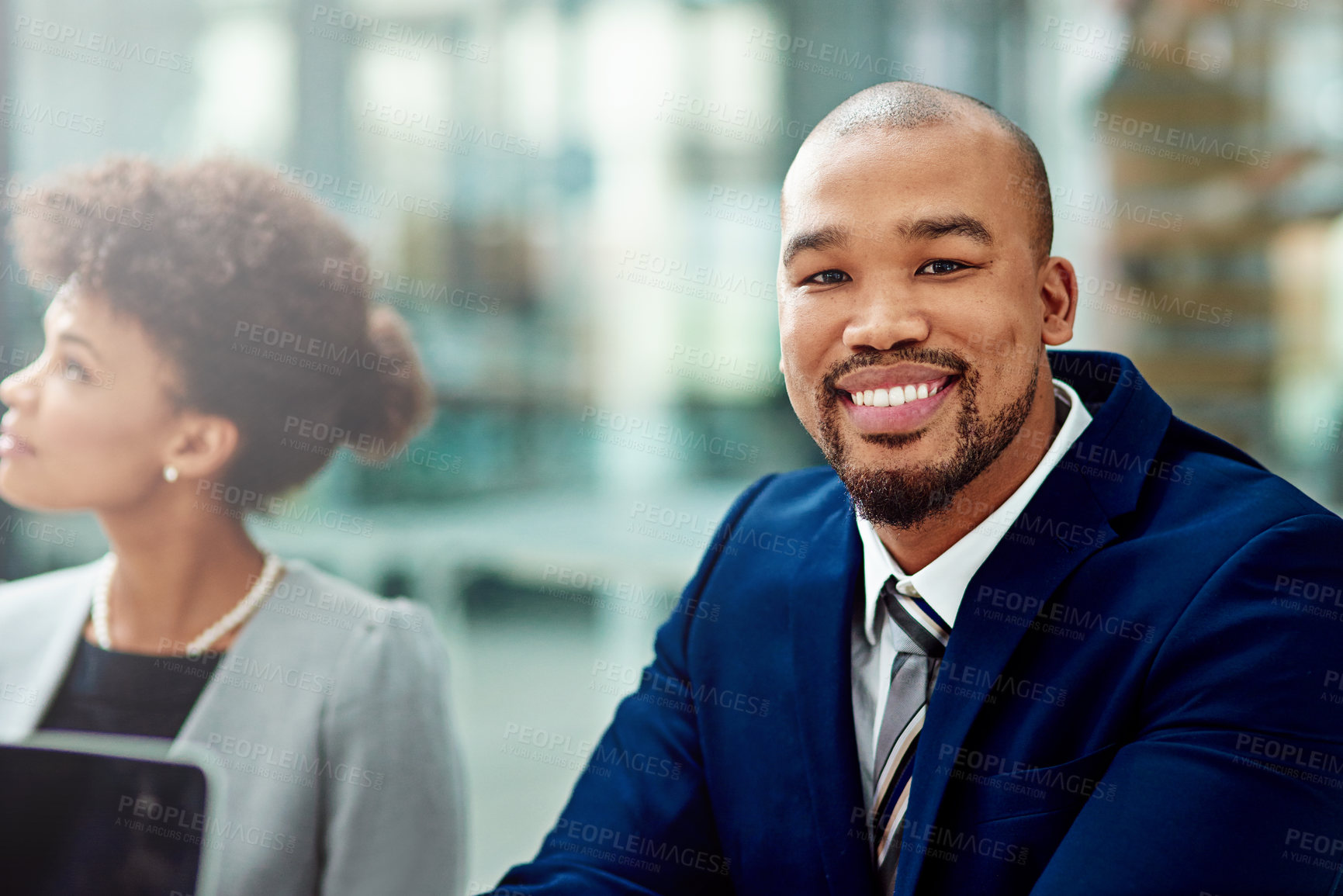 Buy stock photo Business, smile and portrait of black man in meeting with confidence, conference or interview. Office, workshop face of businessman with opportunity, planning professional career in consulting agency