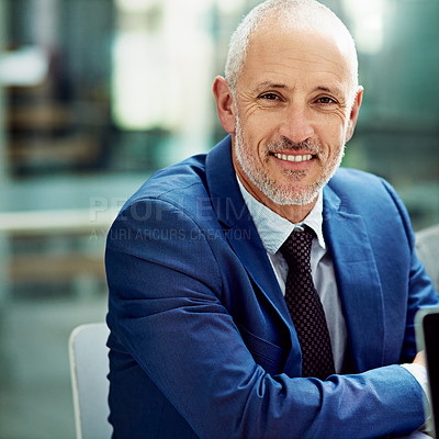 Buy stock photo Mature business CEO, happy man and portrait of corporate confidence, professional commitment or pride in office. Face, executive director and boss in suit for trust, experience or company in New York