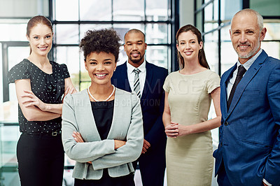 Buy stock photo Portrait, business people and diversity of happy team, professional commitment or pride in corporate office. Group of confident employees, global collaboration and smile of trust, solidarity or unity