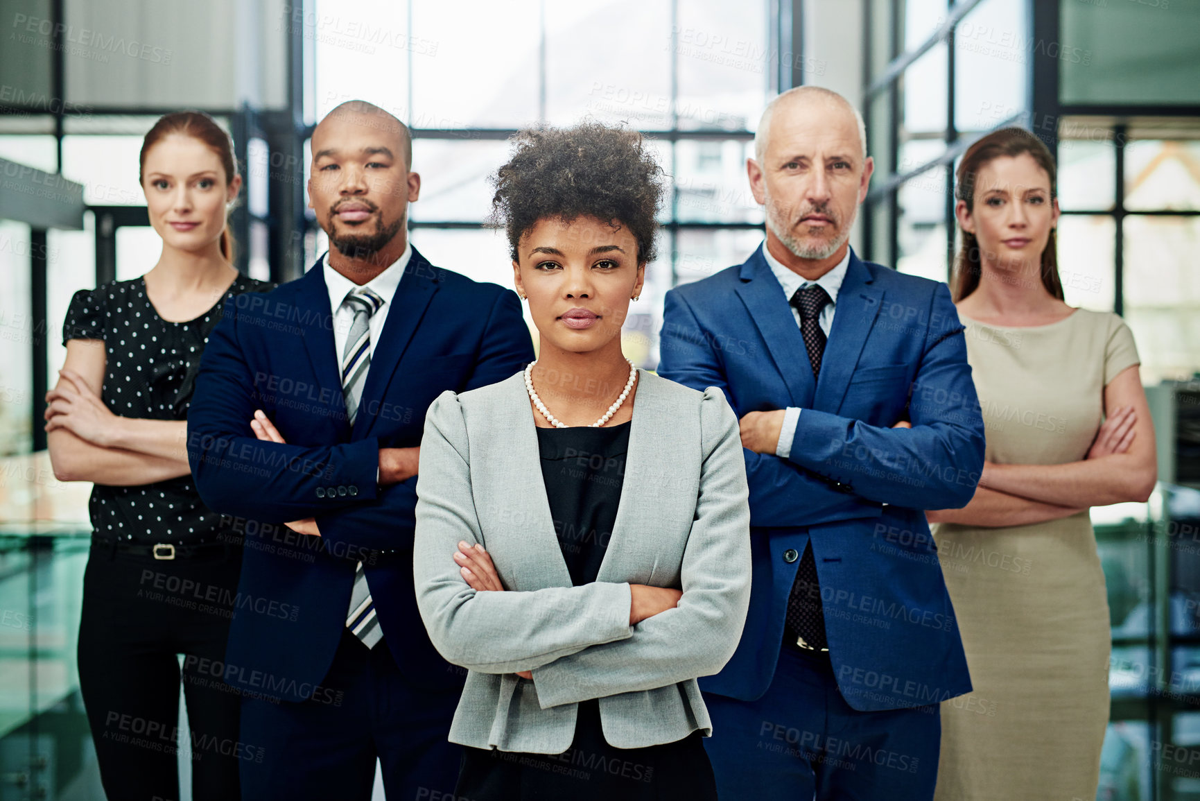 Buy stock photo Portrait, business people or serious teamwork with arms crossed for diversity, professional commitment or office pride. Group, African woman or global collaboration leadership of corporate employees