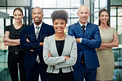 Buy stock photo Portrait, diversity and happy business people with arms crossed for professional commitment, pride or teamwork. Group, African woman leader and corporate employees smile for global company unity