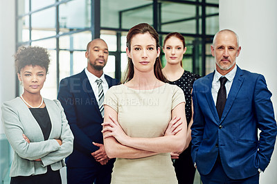 Buy stock photo Portrait, business people and serious group with arms crossed in diversity, executive commitment or confident in office. Woman, leadership and global team of professional corporate employees together