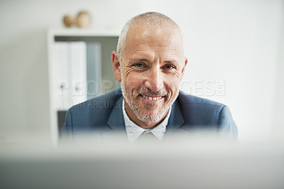 Buy stock photo Corporate, office and portrait of mature man with smile for company, job and pride at law firm. Happy, attorney and businessman with confidence for legal career, management and leadership at work