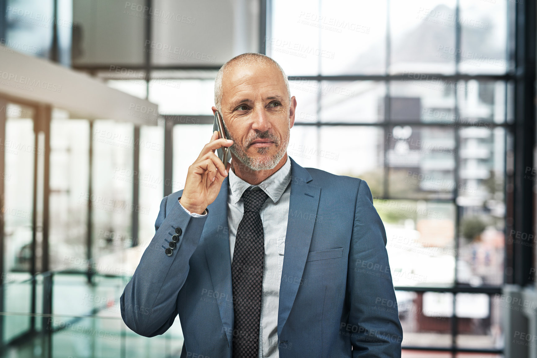 Buy stock photo Business, mature man and phone call with connection, modern office and communication with confidence. Senior person, employee and professional with network and contact with internet and discussion