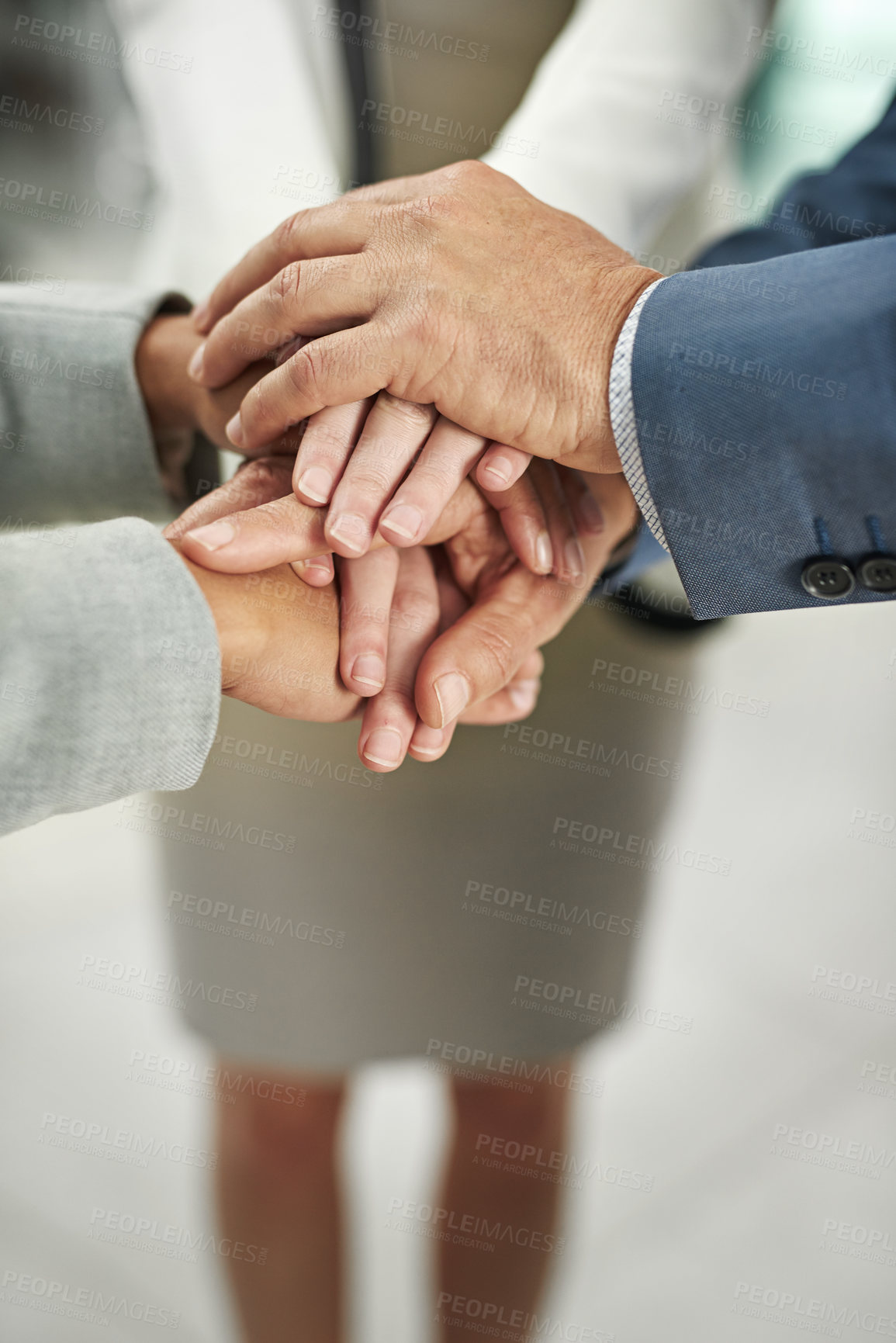 Buy stock photo Business people, meeting or hands together in teamwork, collaboration or trust at office. Hand of group stack for team motivation, agreement or support in solidarity for company closeup at workplace