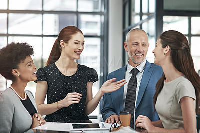 Buy stock photo Smile, meeting and team of business people talking, conversation or laughing together in office with CEO. Happy group, discussion and brainstorming ideas, planning and strategy of diverse consultant