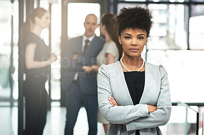 Buy stock photo Black woman, leader and portrait in office, confident and serious for business or company. Female person, arms crossed and manager for teamwork or support, workplace and collaboration or solidarity