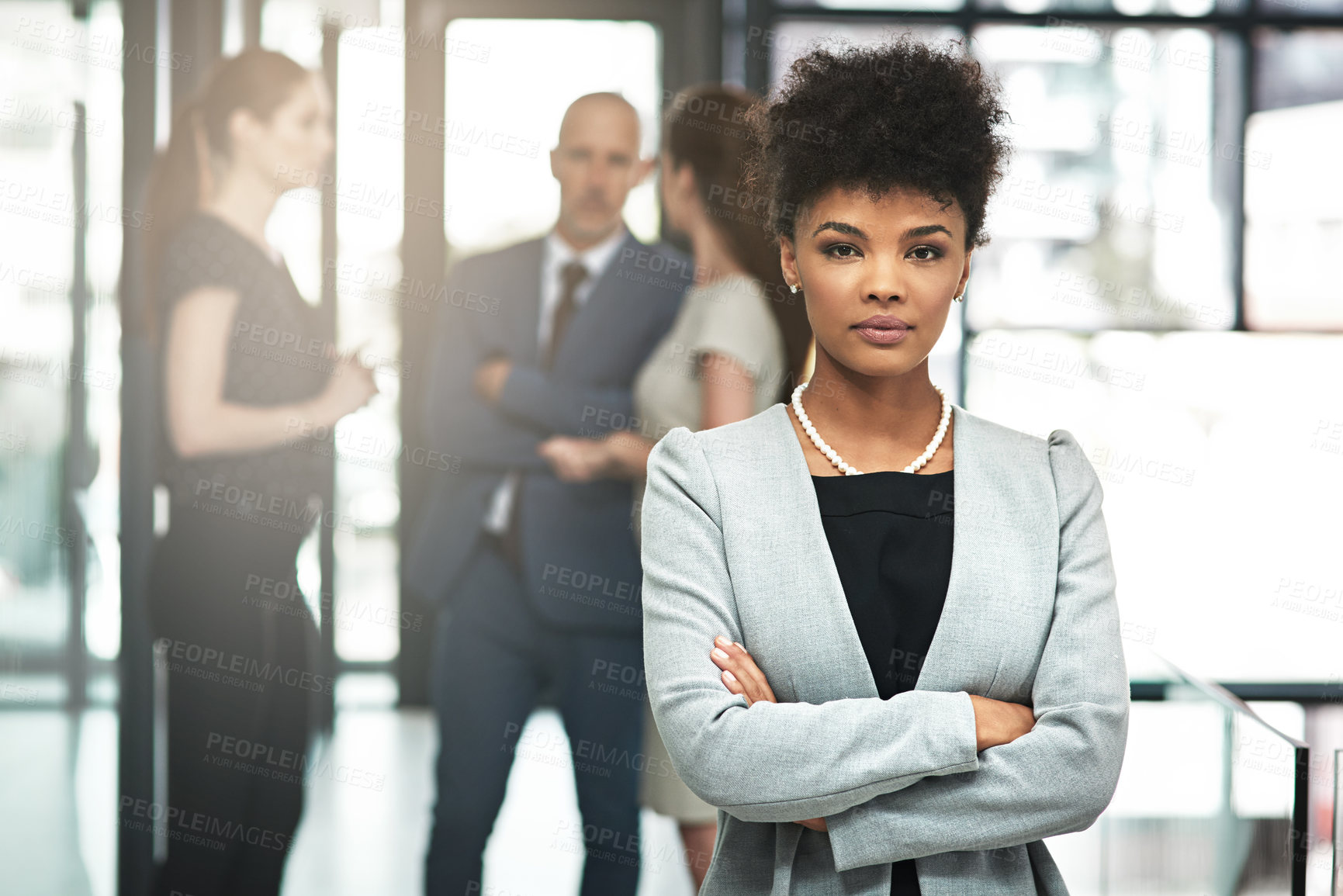 Buy stock photo Black woman, leader and portrait in office, confident and serious for business or company. Female person, arms crossed and manager for teamwork or support, workplace and collaboration or solidarity
