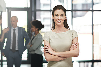 Buy stock photo Corporate, office and portrait of woman with arms crossed for company, job and pride at law firm. Happy, lawyer and female employee with smile for legal career, business and confidence at work
