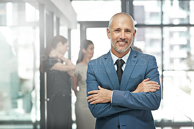 Buy stock photo Businessman, portrait smile and arms crossed in leadership or team management at the office. Happy and confident man person, manager or corporate CEO executive smiling in small business confidence