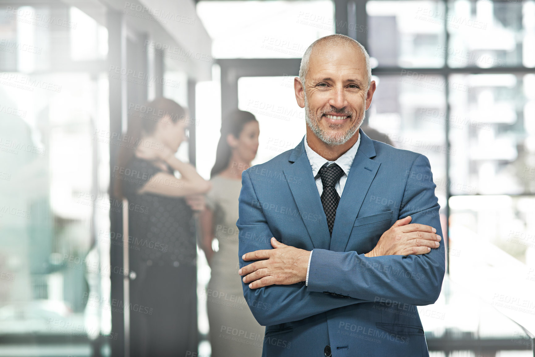 Buy stock photo Businessman, portrait smile and arms crossed in leadership or team management at the office. Happy and confident man person, manager or corporate CEO executive smiling in small business confidence