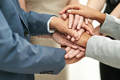 Buy stock photo Business people, meeting and hands together in agreement for collaboration at the office. Hand of group piling for teamwork motivation, trust or support in solidarity for company goals at workplace