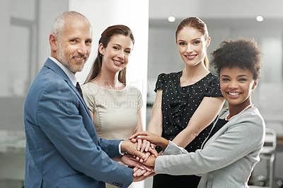 Buy stock photo Happy business people, team and portrait with hands together in agreement or trust at the office. Group piling hand for teamwork, motivation or support in solidarity for company goals at workplace