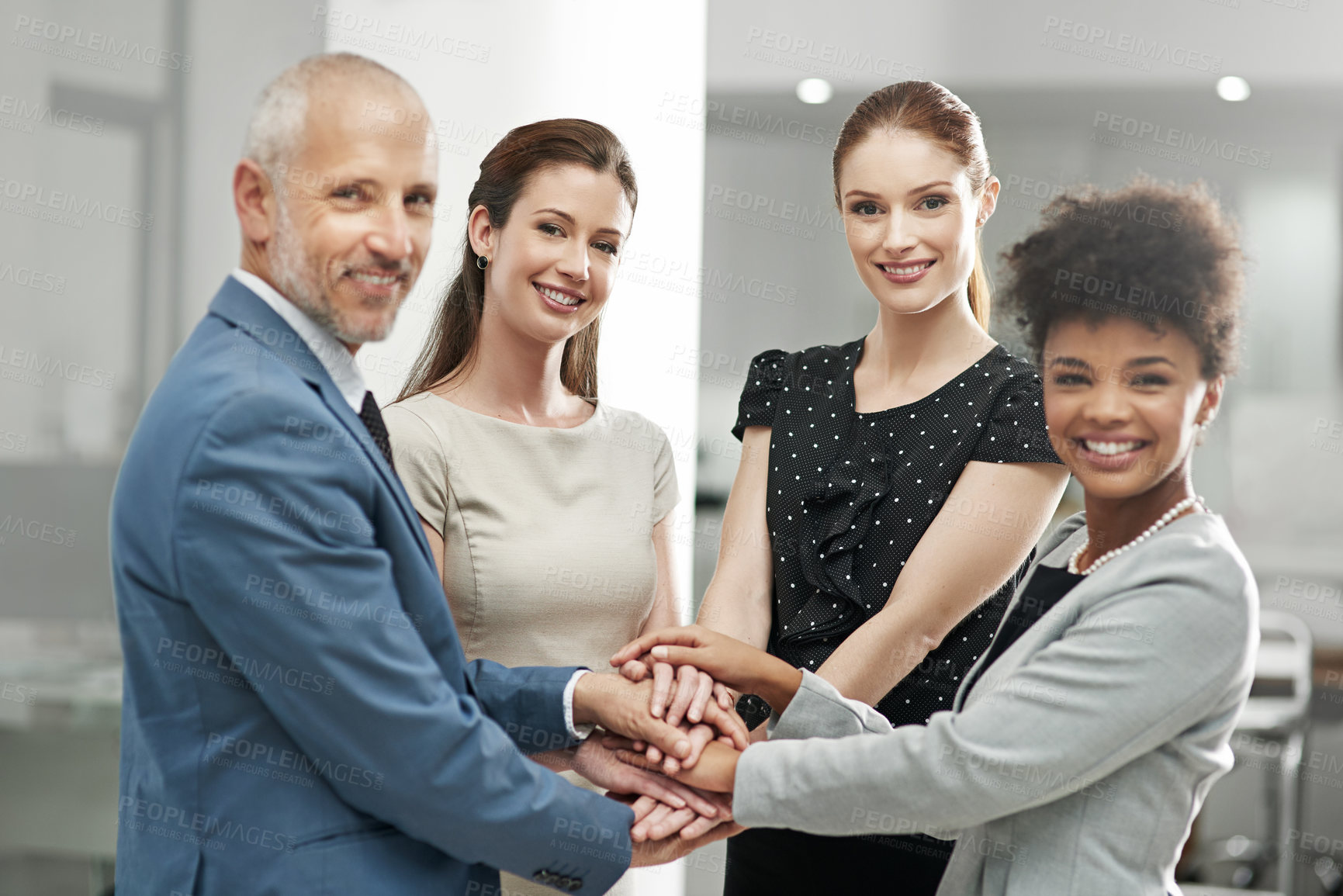 Buy stock photo Happy business people, team and portrait with hands together in agreement or trust at the office. Group piling hand for teamwork, motivation or support in solidarity for company goals at workplace