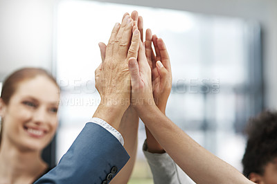 Buy stock photo Business people, hands and high five in meeting for motivation, trust or team collaboration together at office. Group touching for goal partnership, agreement or teamwork in solidarity at workplace