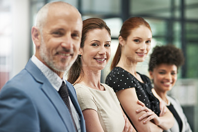 Buy stock photo Business people, portrait and confident for teamwork in office, line and unity for company success. Colleagues, senior man and row of employees for support, hiring and solidarity for job interview